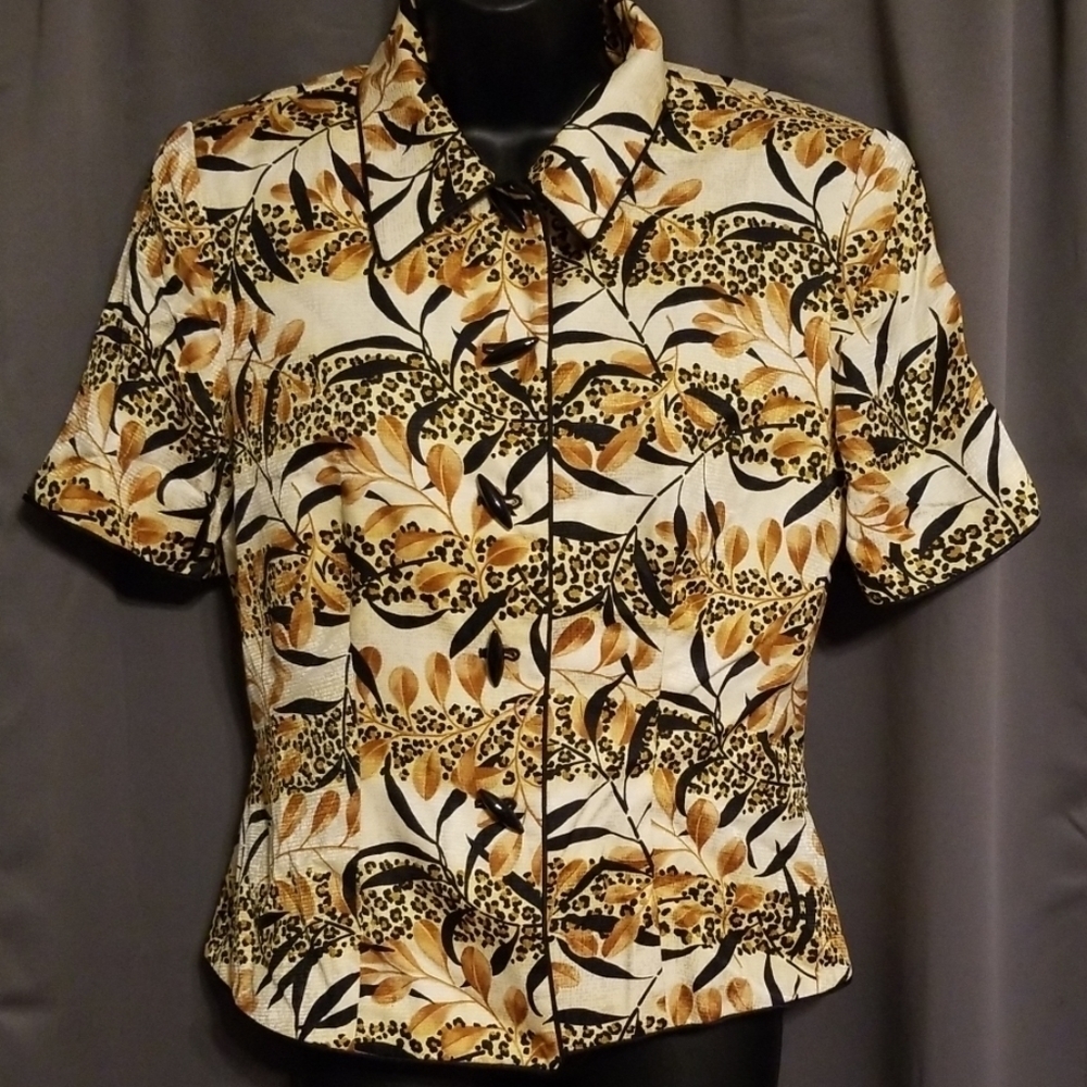 Adrianna Papell 100% Silk Blouse/Blazer Safari Animal Print Sz 8 EUC